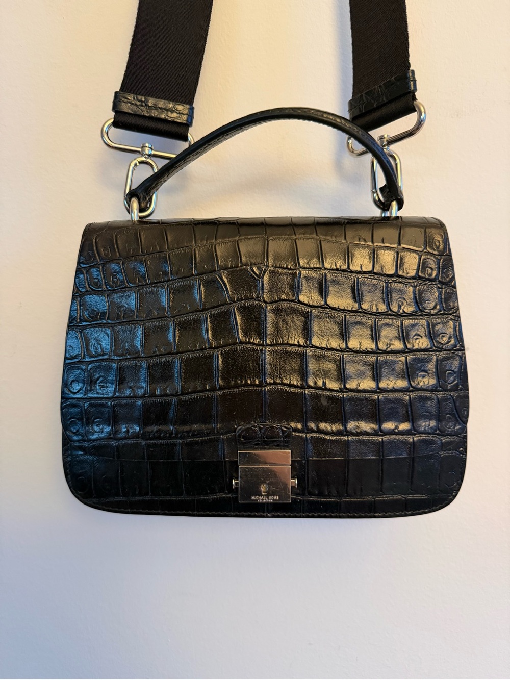 Black Croc-Embossed Leather Top-Handle Crossbody Bag